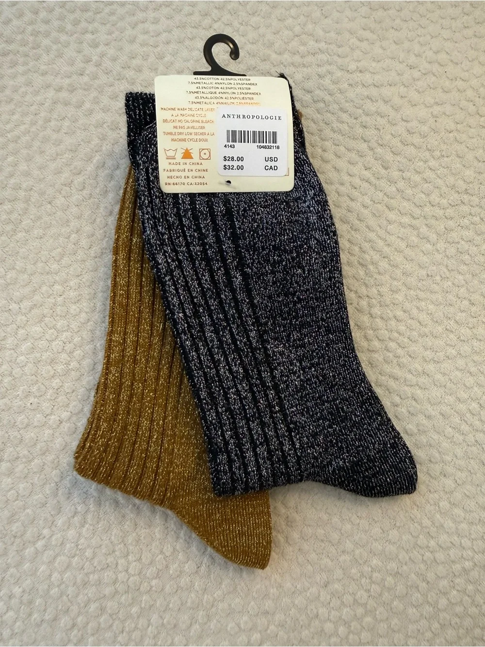 Anthropologie Shimmery Ribbed Crew Socks — Gold & Black NWT
